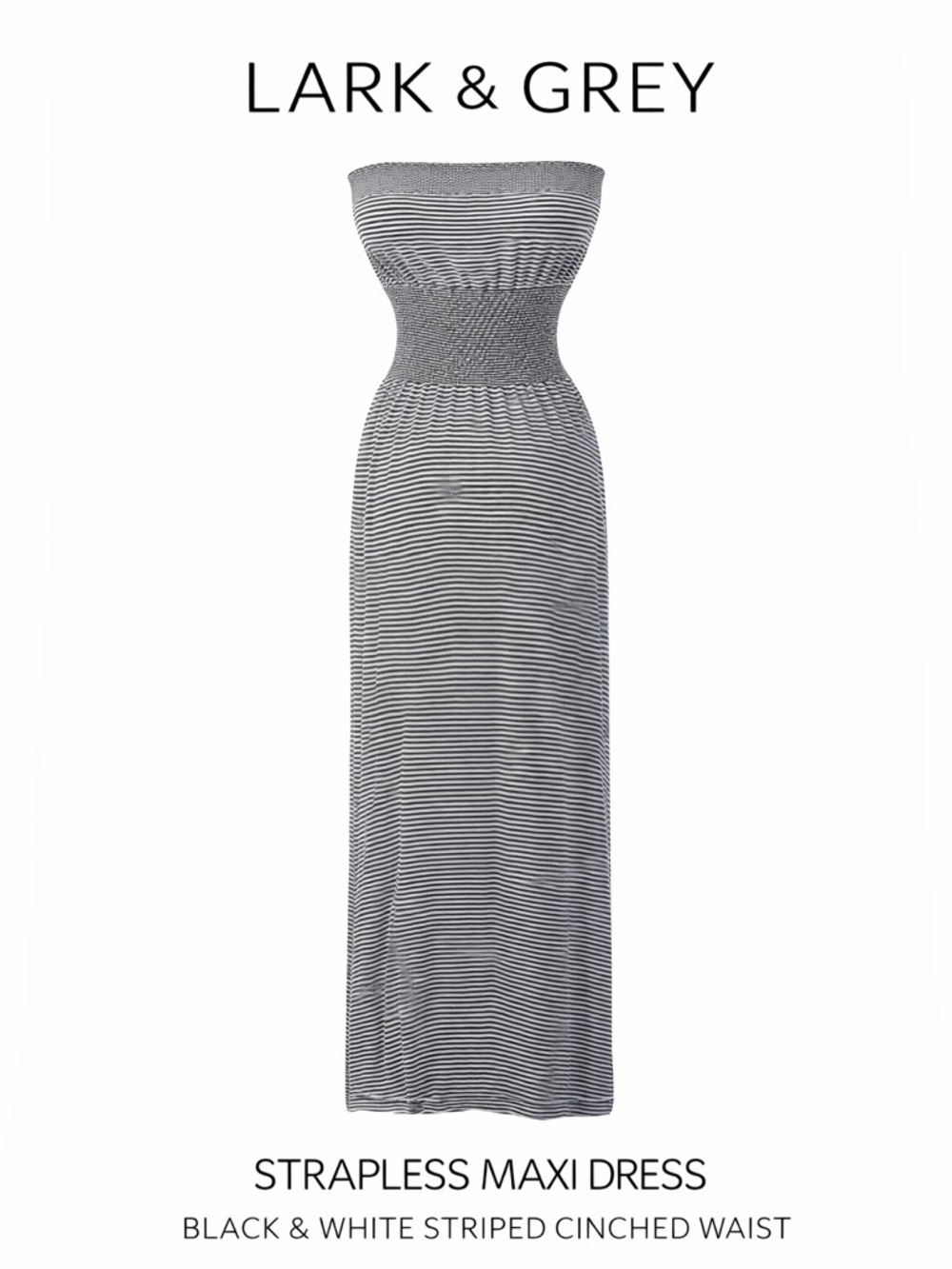 Lark + Grey Strapless Maxi Dress Black White Striped Cinched Waist L/XL